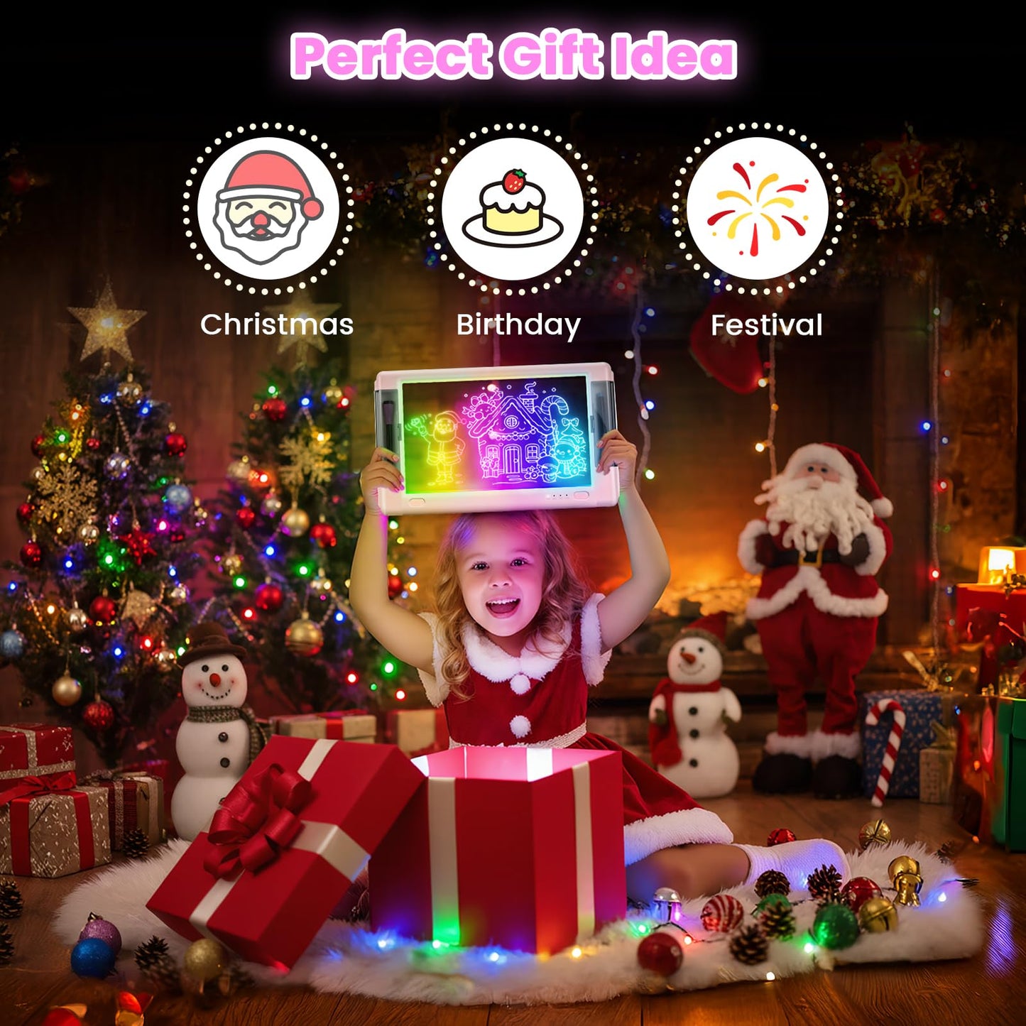 Child using 15 inch glow drawing board for creative neon art